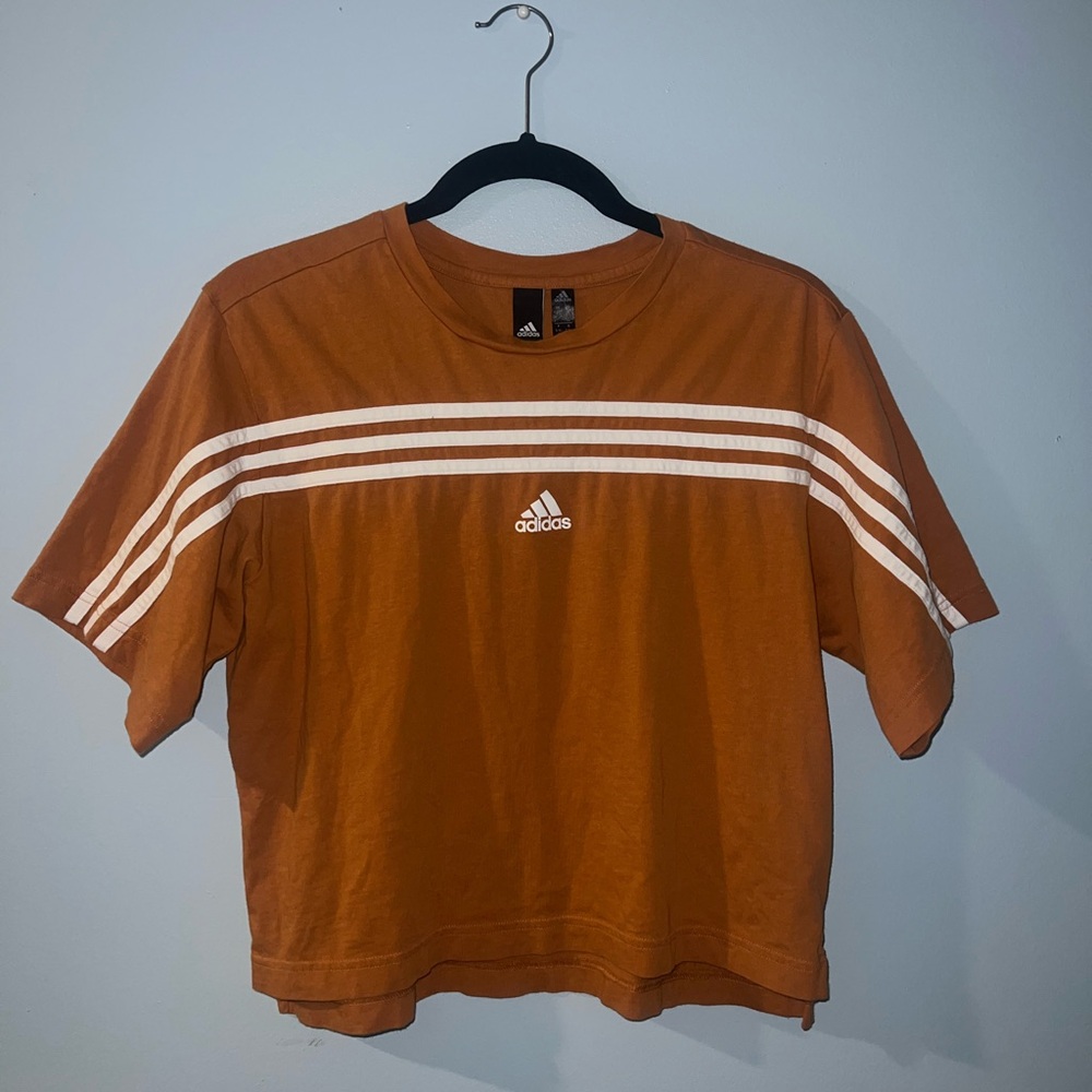 adidas Rust Orange Short Sleeve Tee with White Stripes